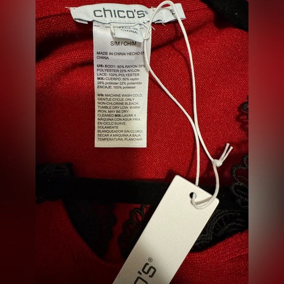 NWT Chico's Red V-Neck Sweater with Black Lace Trim - Picture 10 of 12